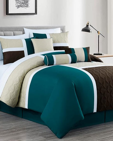 Chezmoi Collection Upland 7-Piece Quilted Patchwork Comforter Set, Teal/Beige/Brown, Full - LeafyLoom