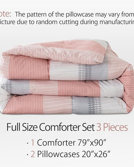Andency Stripe Comforter Set Full Size (79x90 Inch), 3 Pieces Pink Patchwork Striped Comforter, Soft Microfiber Down Alternative Comforter Bedding Set with Corner Loops - LeafyLoom