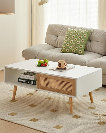 41.34" Mid Century Modern Coffee Table with Storage, Rectangle Wooden Accent Center Sofa Table with Sliding PE Rattan Woven Door Panel and Solid Wood Legs, Suitable for Living Room, Apartment - LeafyLoom
