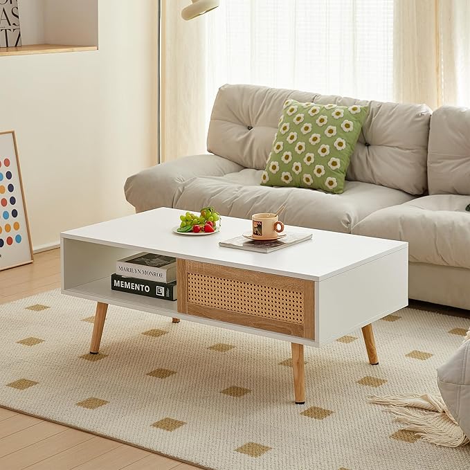 41.34" Mid Century Modern Coffee Table with Storage, Rectangle Wooden Accent Center Sofa Table with Sliding PE Rattan Woven Door Panel and Solid Wood Legs, Suitable for Living Room, Apartment - LeafyLoom