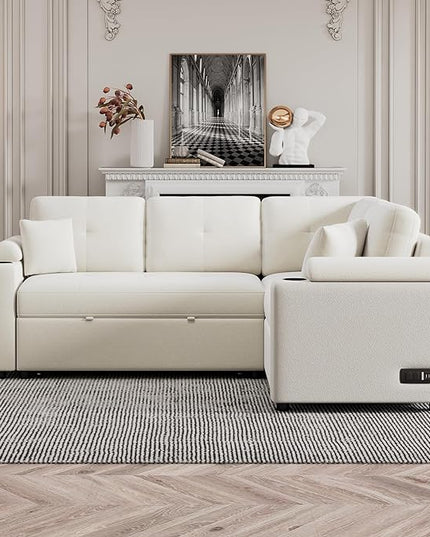 Boucle Upholstered Reversible Sleeper Sectional Sofa with Pull Out Bed , 3 Seater L Shaped Convertible Corner Couch with Cupholders&USB Ports, Power Sockets, Small Pullout Sofabed for Living Room - LeafyLoom