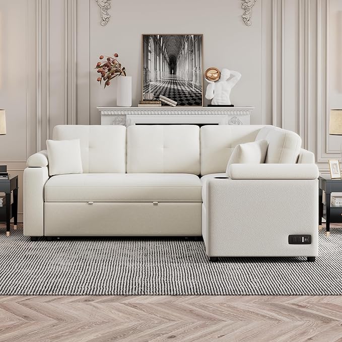 Boucle Upholstered Reversible Sleeper Sectional Sofa with Pull Out Bed , 3 Seater L Shaped Convertible Corner Couch with Cupholders&USB Ports, Power Sockets, Small Pullout Sofabed for Living Room - LeafyLoom