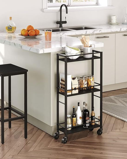 Slim Rolling Cart, Mobile Kitchen Cart on Wheels, Narrow Storage Cart for Small Space, Wooden Service Cart, for Bathroom, Laundry, Living Room, Black RCHB1501 - LeafyLoom