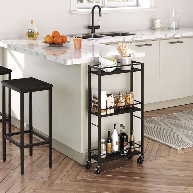 Slim Rolling Cart, Mobile Kitchen Cart on Wheels, Narrow Storage Cart for Small Space, Wooden Service Cart, for Bathroom, Laundry, Living Room, Black RCHB1501 - LeafyLoom