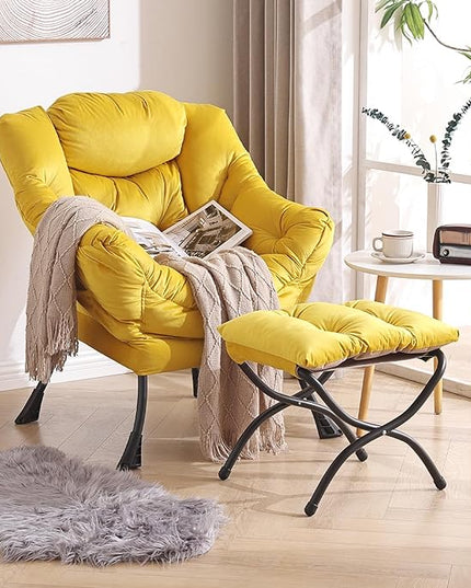 Welnow Lazy Chair with Ottoman, Modern Lounge Accent Chair with Armrests and a Side Pocket, Leisure Sofa Chair Set, Reading Chair with Footrest for Small Space, Corner Chair, Yellow - LeafyLoom