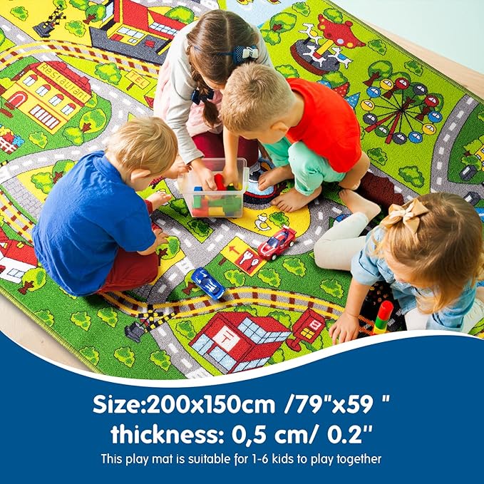 Booooom Jackson Car Rug for Kids-Train Mat-Car Mat for Kids Toy Cars-Road Rug for Toy Cars-Childrens City Playmat-Car Play Rugs for Kids Playroom Bedroom-Race Toy Car Floor Mat-Cars Street Area Rug - LeafyLoom