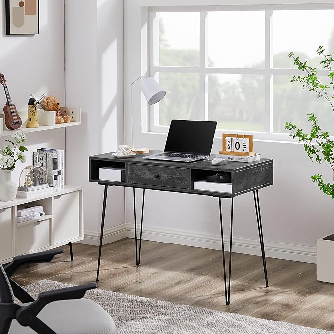 VECELO 39.3" Home Office Work Table with Drawers Computer Desk Writing/Study, 39 Inch Hairpin Legs, Charcoal Grey - LeafyLoom