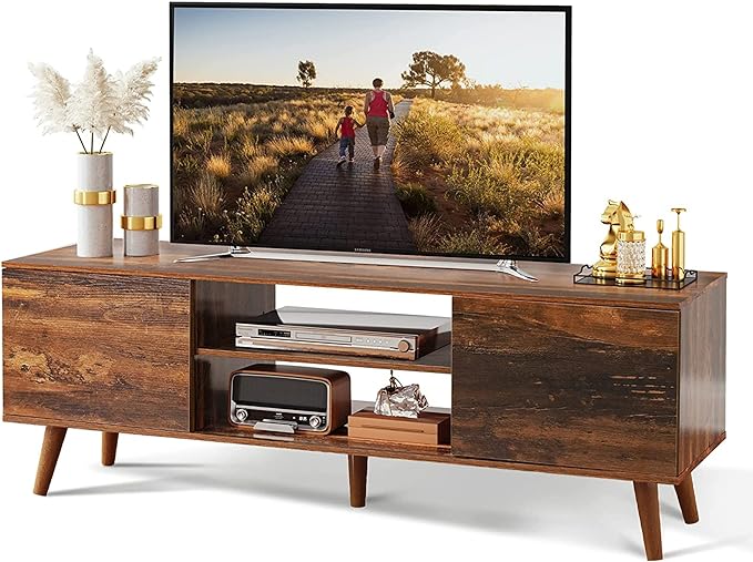 WLIVE TV Stand for 55 60 inch TV, Mid Century Modern TV Console, Entertainment Center with Storage for Living Room, Retro Brown - LeafyLoom