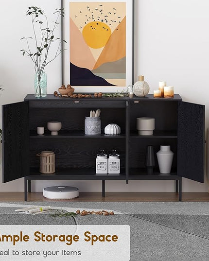 Sideboard Buffet Cabinet with Handmade Natural Decorated Doors, Accent Rattan Cabinet, Table, Metal Legs for Living Room, Hallway, Entryway, Black 3 doors - LeafyLoom