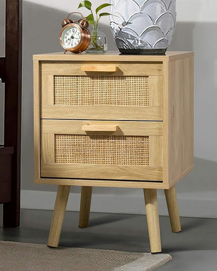 Finnhomy Nightstand, End Table, Side Table with 2 Hand Made Rattan Decorated Drawers, Wood Accent Table with Storage for Bedroom, Natural (Patented) - LeafyLoom