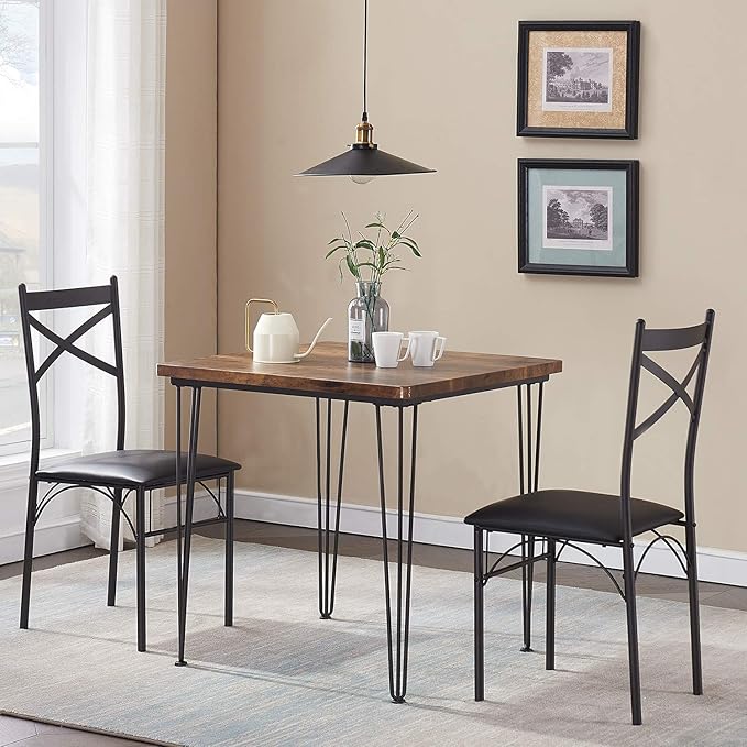VECELO 3 Piece Kitchen Room Chairs Set for Dinette, Breakfast Nook, Farmhouse, Small Space, Modern Industrial Style, Dining Table for 2, Vintage Brown - LeafyLoom