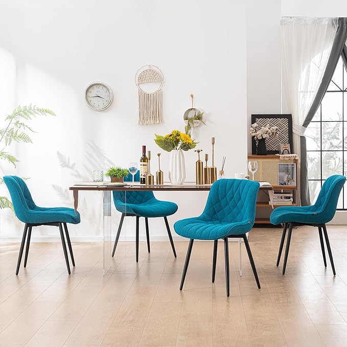 YOUNUOKE Comfortable Dining Chairs Set of 2, Mid-Century Modern Kitchen Dining Room Chairs, Upholstered Backrest Boucle Dining Chair with Black Metal, Teal - LeafyLoom