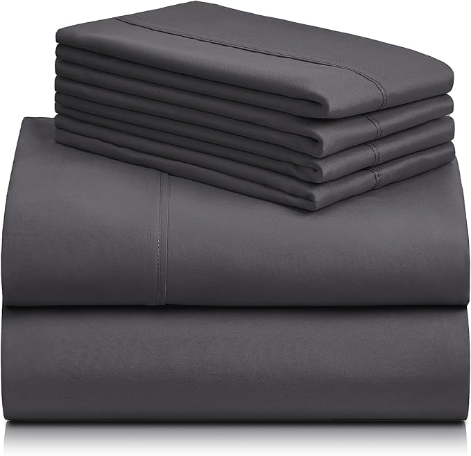 LuxClub 6 PC King Sheet Set, Breathable Luxury Bed Sheets, Deep Pockets 18" Wrinkle Free Cooling Bed Sheets Machine Washable Hotel Bedding Silky Soft - Dark Grey King - LeafyLoom