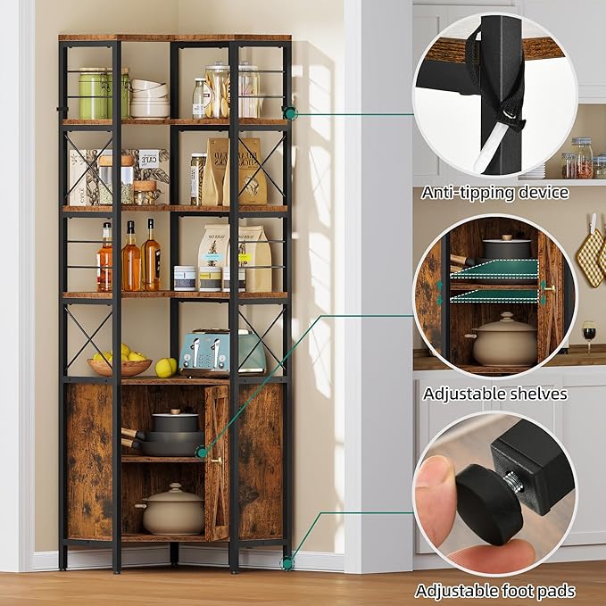 YITAHOME Corner Bookshelf with Storage, 7-Tier Corner Shelf with Doors, Large Corner Bookcase Display Rack for Living Room Bedroom Home Office, Rustic Brown - LeafyLoom