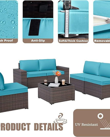 Patio Furniture Set Sofa 6-Piece Wicker PE Rattan Sectional Sofa Set, Outdoor Furniture Patio Conversation Sofa Set with Glass Coffee Table, Blue - LeafyLoom