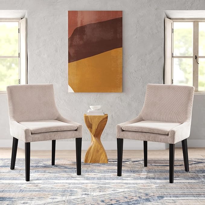 COLAMY Modern Dining Chairs Set of 2, Upholstered Corduroy Accent Side Leisure Chairs with Mid Back and Wood Legs for Living Room/Dining Room-Beige - LeafyLoom