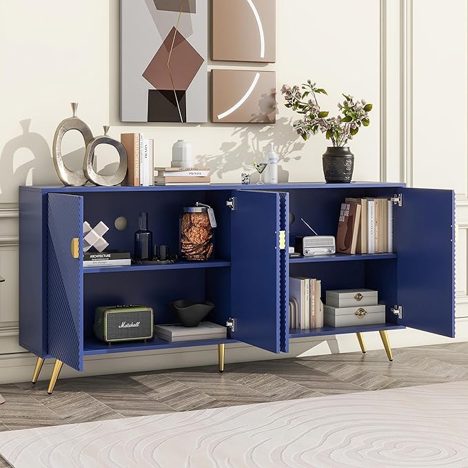 Merax Modern TV Stand with Storage Cabinets for Televisions up to 60+ Inch, Entertainment Center Console Table Media Furniture for Living Room, Bedroom, Solid Metal Feet, 63" Long, Navy Blue - LeafyLoom