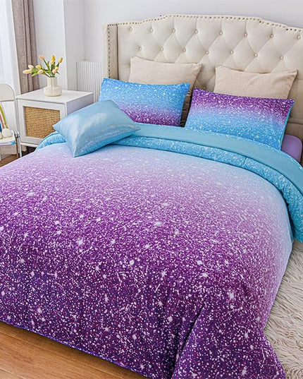 A Nice Night Girls Comforter Set Full Size 6 Piece Bed in A Bag 3D Colorful Sparkle Galaxy Rainbow Bedding Comforter Sheet Sets for Kids,BluePurple - LeafyLoom