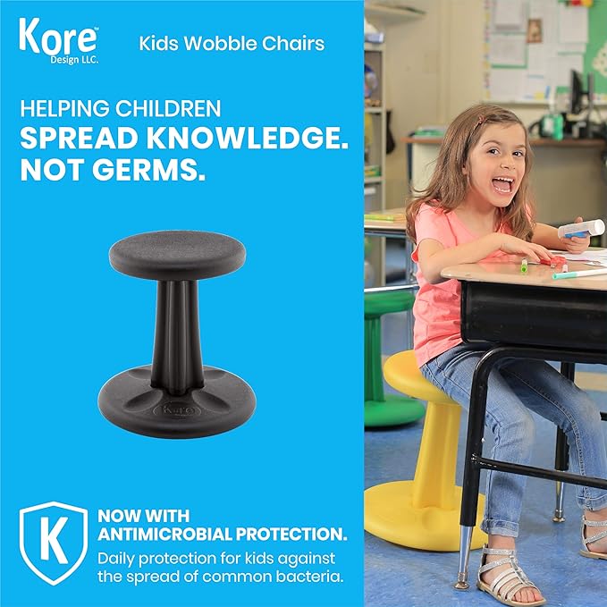Kore Kids Junior Wobble Chair - Flexible Seating Stool for Classroom, Elementary School, ADD/ADHD - Made in The USA - Junior- Age 8-9, Grade 3-4, Black (16in) - LeafyLoom