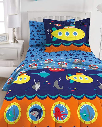 dream FACTORY Kids 7-Piece Complete Set Easy-Wash Super Soft Microfiber Comforter Bedding, Full, Navy Submarine - LeafyLoom