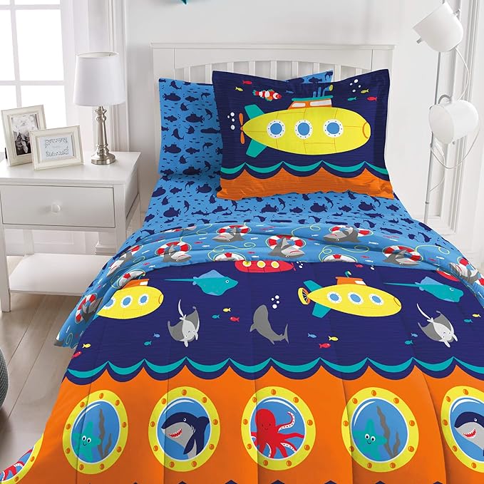 dream FACTORY Kids 5-Piece Complete Set Easy-Wash Super Soft Microfiber Comforter Bedding, Twin, Navy Submarine - LeafyLoom