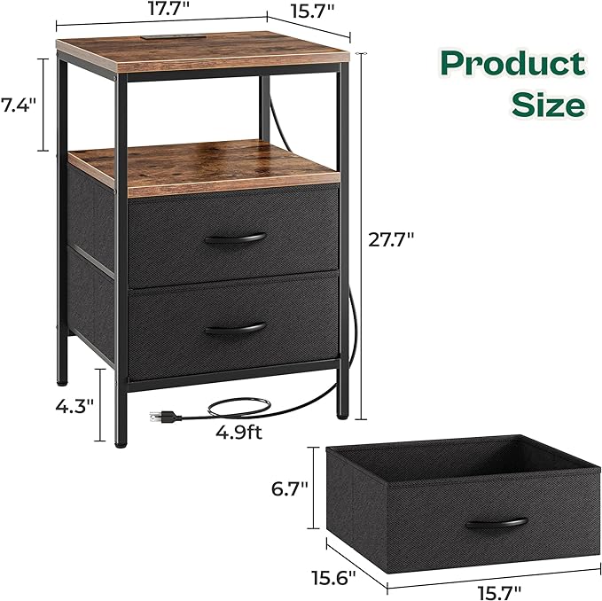 Night Stand with Charger Station, 27.7 Inch Tall Nightstand, Bed Side Table with 2 Fabric Drawers, Fabric Drawer Dresser for Bedroom, Living Room, Rustic Brown and Black - LeafyLoom