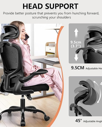 FelixKing Office Chair with Headrest, Ergonomic Desk Chair with Wheels, Task Swivel Comfy Chair with Adjustable Lumbar Support, Breathable Mesh Computer Chair with flip-up Armrests (Black) - LeafyLoom