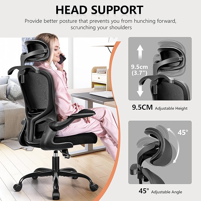 FelixKing Office Chair with Headrest, Ergonomic Desk Chair with Wheels, Task Swivel Comfy Chair with Adjustable Lumbar Support, Breathable Mesh Computer Chair with flip-up Armrests (Black) - LeafyLoom