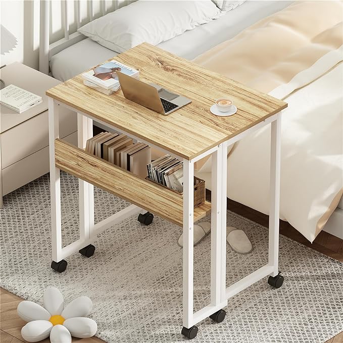 GreenForest Folding Desk Small Rolling Desk with Storage Shelf,31.5 inch Foldable Computer Desk with Wheels for Small Space,Easy Assembly,Oak - LeafyLoom