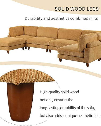 Free Combination Convertible Modular Sectional Sofa with Movable Ottomans , 163'' Oversized Corduroy Upholstered Sleeper Corner Couch Sofabed with Wooden Legs and Detachable Cushions for Living Room - LeafyLoom