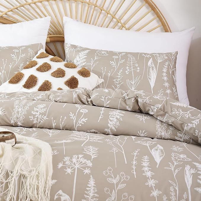 JANZAA King Size Comforter Set Floral Comforter Set 3 PCS Bedding Sets Oatmeal Comforter Set Plant Flowers Printed on Fluffy Comforter Set for All Season - LeafyLoom