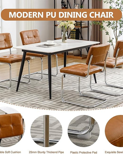 Forevich Mid Century Modern Dining Chairs Set of 4, Leather Kitchen Dining Room Side Chairs Upholstered Armless Accent Chairs with Metal Chrome Legs for Living Room, Bedroom Brown - LeafyLoom