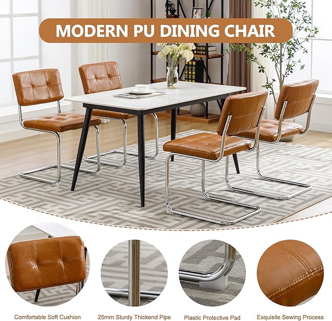 Forevich Mid Century Modern Dining Chairs Set of 4, Leather Kitchen Dining Room Side Chairs Upholstered Armless Accent Chairs with Metal Chrome Legs for Living Room, Bedroom Brown - LeafyLoom