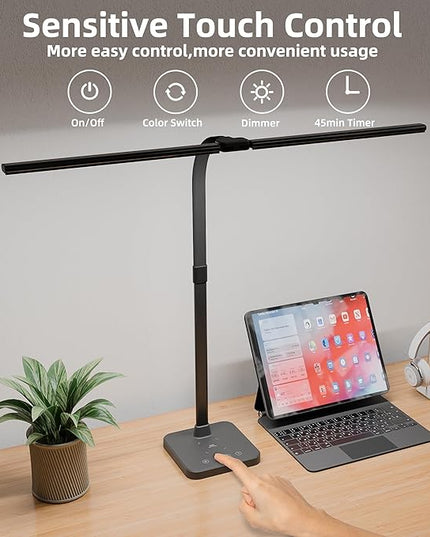Otdair LED Desk Lamp for Home Office with Wireless Charger, 5 Modes 24W Double Head Flexible Gooseneck Eye-Caring Reading Study Light, Architect Light 5 Brightness Adjustable with Timer (Black) - LeafyLoom