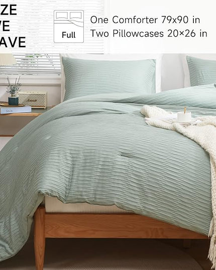 Sage Green Seersucker Comforter Set Full Size (79x90 in), 3 Pieces Soft Crinkled Textured Comforter with 2 Pillowcases, Lightweight Microfiber Down Alternative Bedding Set for All Season - LeafyLoom