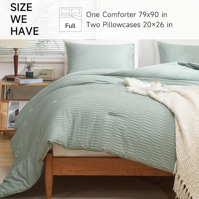 Sage Green Seersucker Comforter Set Full Size (79x90 in), 3 Pieces Soft Crinkled Textured Comforter with 2 Pillowcases, Lightweight Microfiber Down Alternative Bedding Set for All Season - LeafyLoom