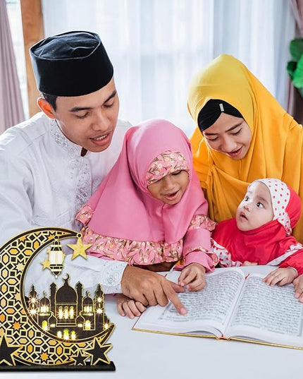 Capoda Eid Craft Night Light Ramadan Mubarak Table Decor 3D Wooden Moon Star LED Light Decor, Mosque Lamp Eid al-Fitr Ornament Gift for Muslim Ramadan Islamic Wall Decor Table Centerpiece(Black) - LeafyLoom