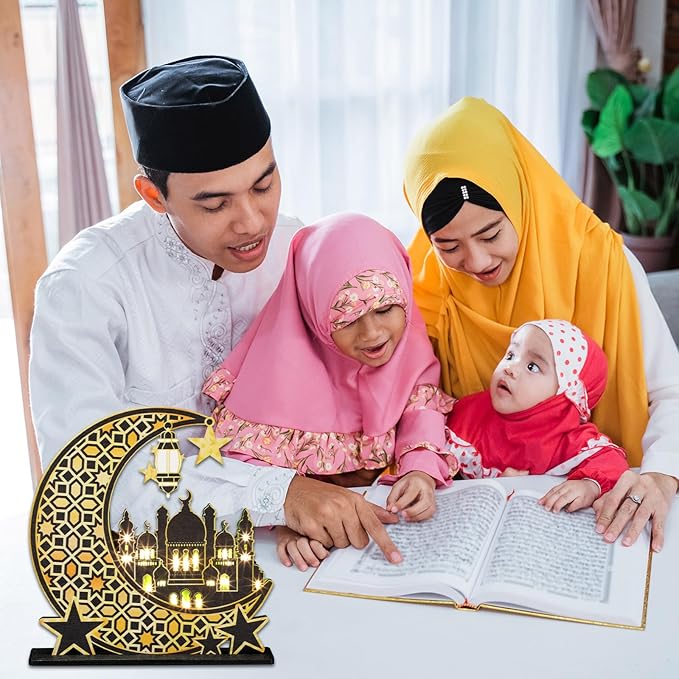 Capoda Eid Craft Night Light Ramadan Mubarak Table Decor 3D Wooden Moon Star LED Light Decor, Mosque Lamp Eid al-Fitr Ornament Gift for Muslim Ramadan Islamic Wall Decor Table Centerpiece(Black) - LeafyLoom