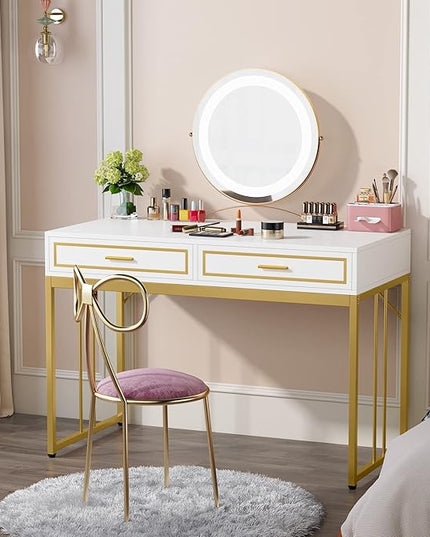 47’’ Computer Desk with 2 Drawers, White Gold Writing Desk Make Up Vanity Table - LeafyLoom