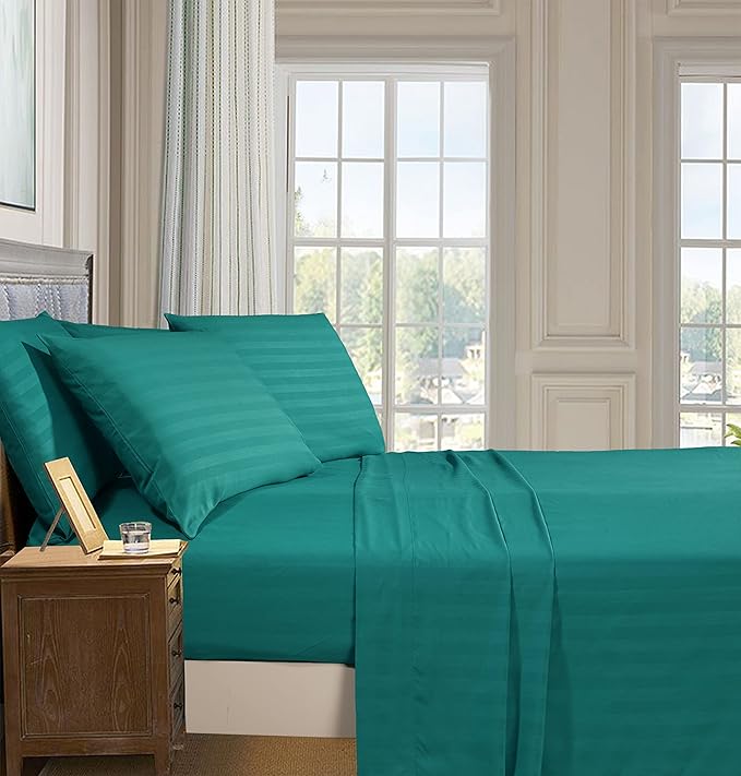 Elegant Comfort Best, Softest, Coziest 6-Piece Sheet Sets! - 1500 Premier Hotel Quality Luxurious Wrinkle Resistant 6-Piece DAMASK STRIPE Bed Sheet Set, Full Turquoise - LeafyLoom
