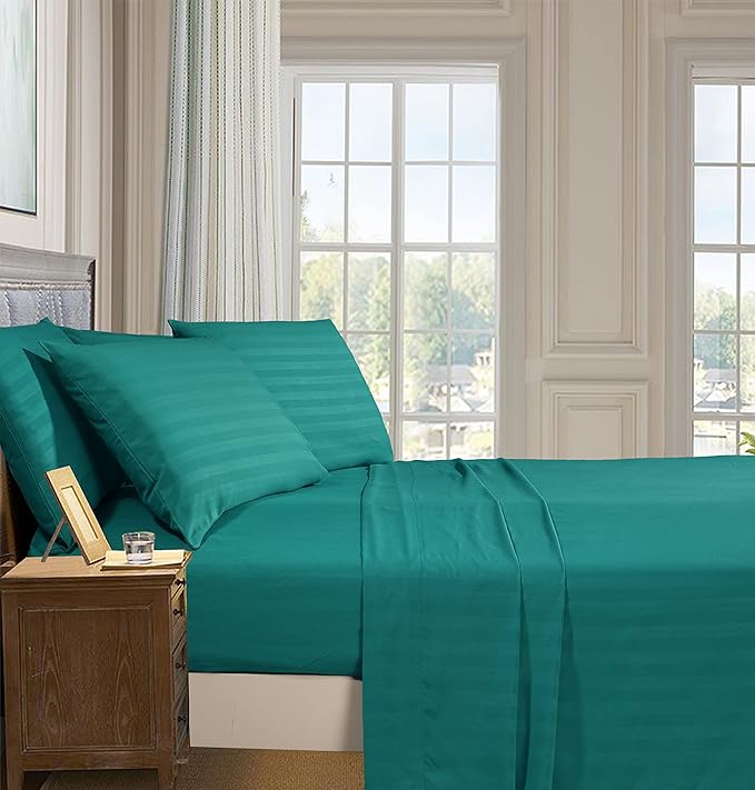 Elegant Comfort Best, Softest, Coziest 6-Piece Sheet Sets! - 1500 Premier Hotel Quality Luxurious Wrinkle Resistant 6-Piece DAMASK STRIPE Bed Sheet Set, California King Turquoise - LeafyLoom