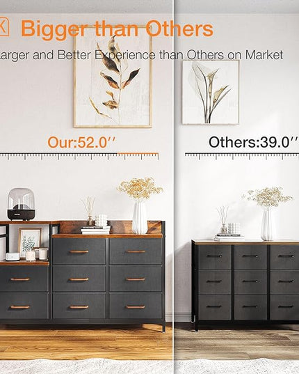 ODK Dresser with Charging Station, 52-Inch Long Dresser TV Stand for Bedroom, Large Dresser with 8 Storage Drawers, Chest of Drawers Easy-Pull Fabric Dressers for Living Room, Vintage and Dark Grey - LeafyLoom