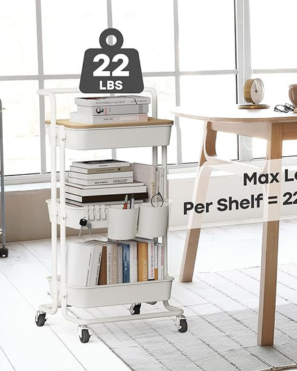 DTK 3 Tier Rolling Utility Cart with Cover Top Board, Movable Kitchen Storage Cart Trolley with Lockable Wheels, Cups, Hooks for Kitchen Bathroom Home Office Art Craft Storage and Organization(White) - LeafyLoom