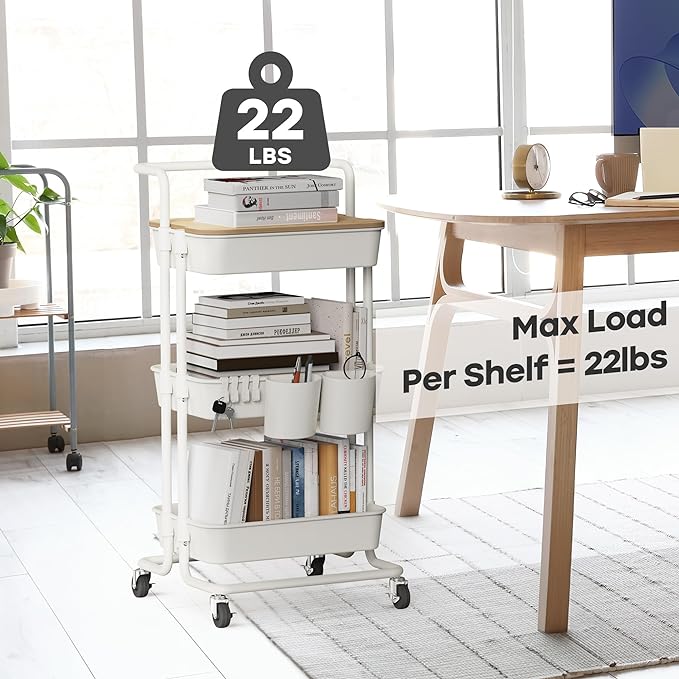 DTK 3 Tier Rolling Utility Cart with Cover Top Board, Movable Kitchen Storage Cart Trolley with Lockable Wheels, Cups, Hooks for Kitchen Bathroom Home Office Art Craft Storage and Organization(White) - LeafyLoom