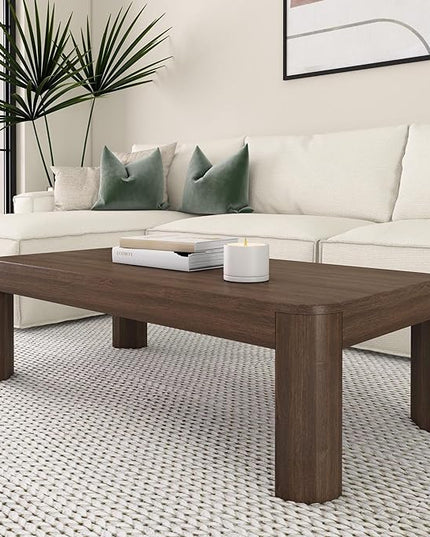 Plank+Beam Modern Rounded Coffee Table, 48 Inch, Solid Wood Contemporary Center Table for Living Room, Rectangle Tea Table, Walnut - LeafyLoom