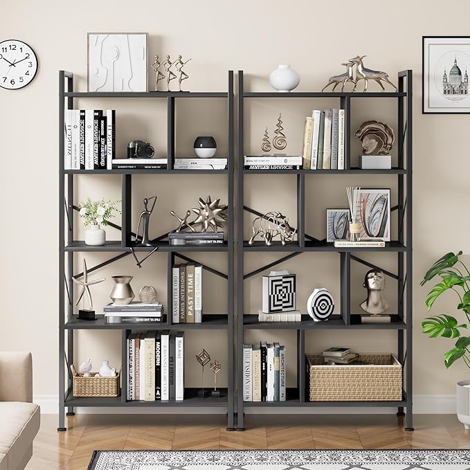 5 Tier Bookshelf with Storage, 61 Inch Tall Industrial Book Shelf with Open Display Bookshelves, 5 Shelf Bookcase with Metal Frame for Living Room, Bedroom and Home Office-Black - LeafyLoom
