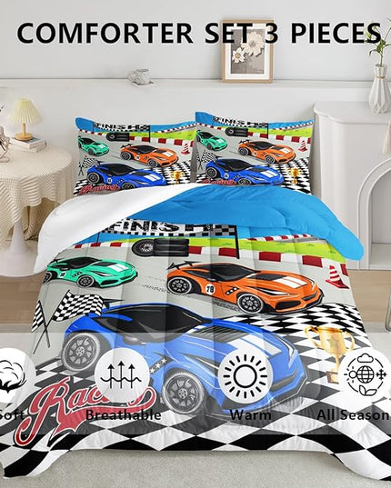 Axolotl Racing Car Bedding Set Twin,Cool Speed Race Car Down Comforter for Kids Boys Girls Teens,Racing Car Comforter Set Car Theme with Three Cars Arrive at Finish,1 Comforter and 2 Pillowcases - LeafyLoom
