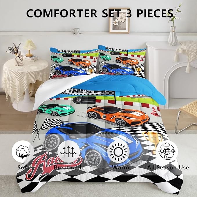 Axolotl Racing Car Bedding Set Queen,Cool Speed Race Car Down Comforter for Kids Boys Girls Teens,Racing Car Comforter Set Car Theme with Three Cars Arrive at Finish,1 Comforter and 2 Pillowcases - LeafyLoom