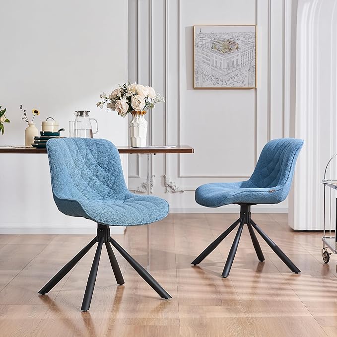 Mid Century Modern Dining Chairs Set of 2, Upholstered Dining Room Chairs with Sturdy Metal Legs, Boucle Armless Accent Side Chairs for Kitchen, Living Room, Lake Blue - LeafyLoom