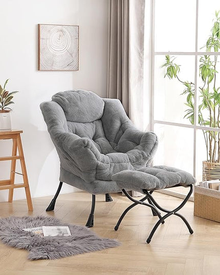 LITA Lazy Chair with Ottoman, Modern Accent Leisure Upholstered Sofa Chair, Contemporary Lounge Reading Chair with Armrests and a Side Pocket for Living Room, Bedroom & Small Space, Plush Grey - LeafyLoom